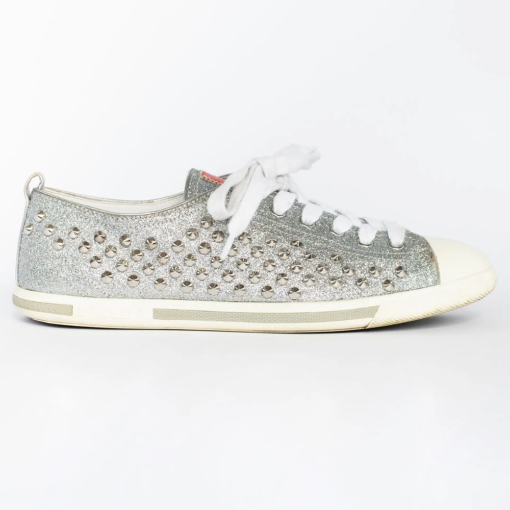 Prada Silver Glitter Stud Low Top Sneakers Size 39